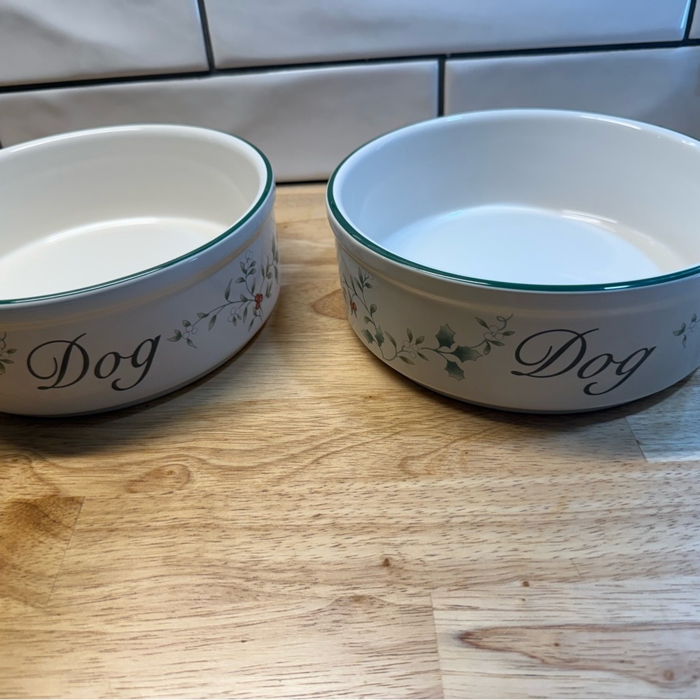 Pfaltzgraff White Dog Bowls with Green Floral Accents